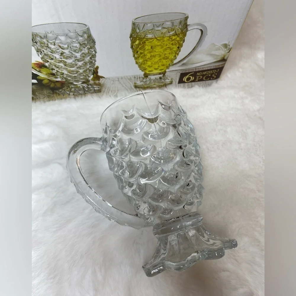 Vintage Style Pineapple Glass Mugs - Set of 6 - Embossed Crystal Clear Juice Cup